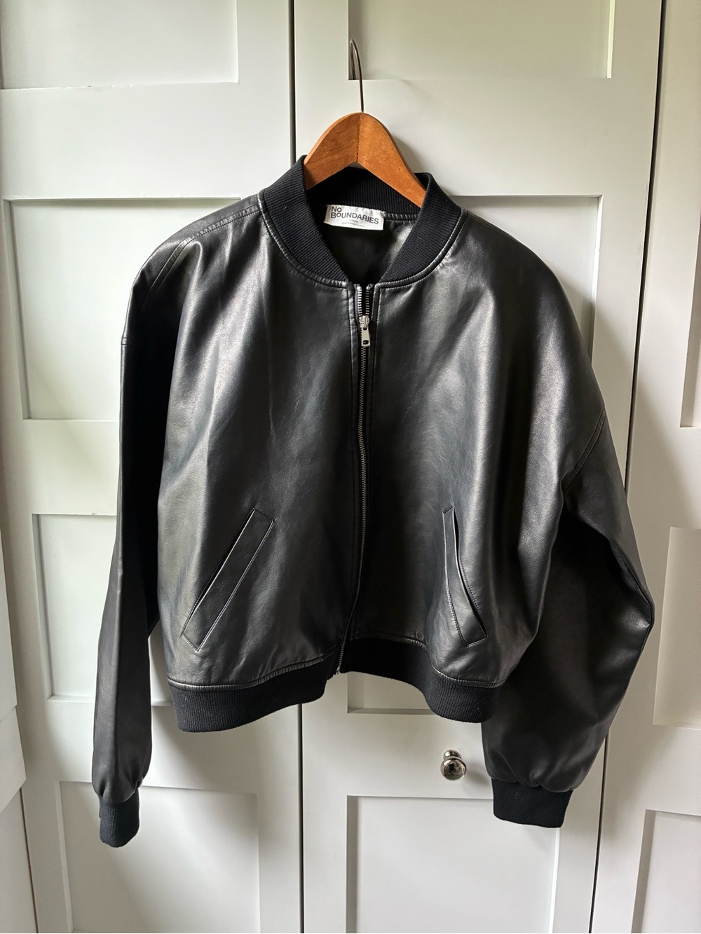 Black Faux Leather Bomber Jacket